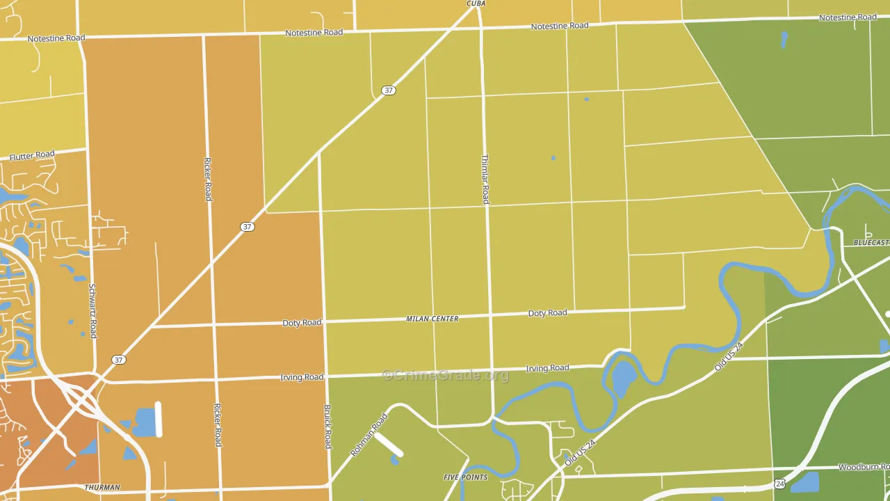 Milan Center, IN Map of Vehicle Theft Rates