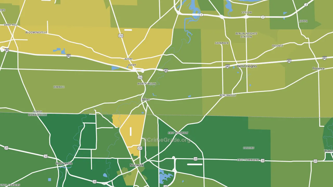 Milan, OH Map of Vehicle Theft Rates