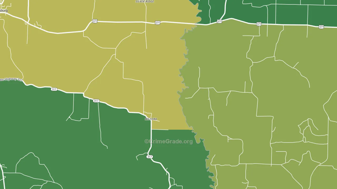 Milford, AR Map of Vehicle Theft Rates
