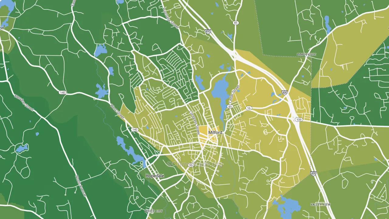 Milford, MA Map of Vehicle Theft Rates