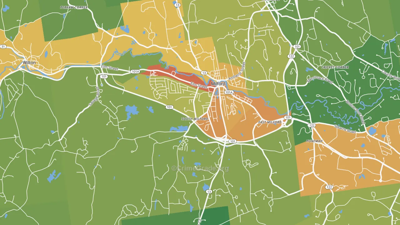 Milford, NH Map of Vehicle Theft Rates