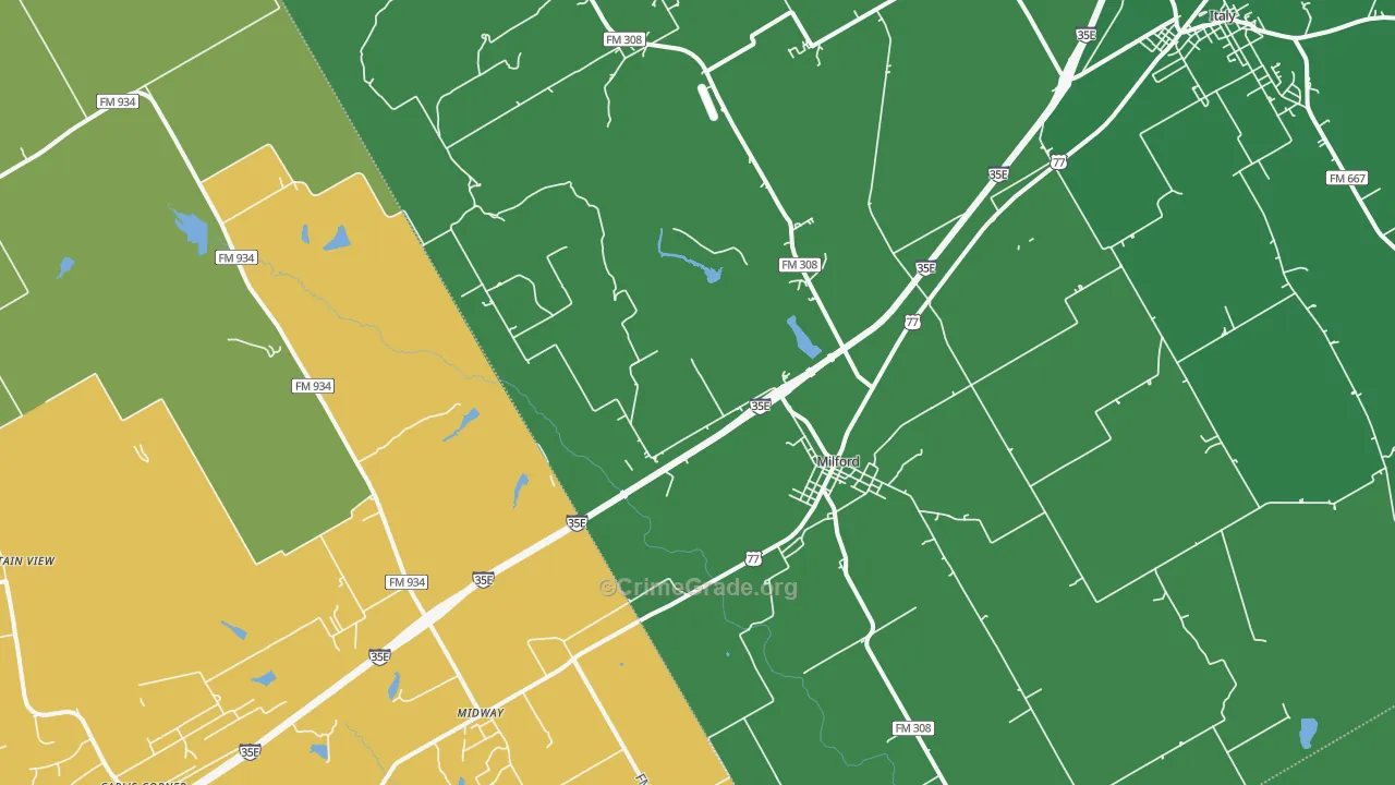 Milford, TX Map of Vehicle Theft Rates