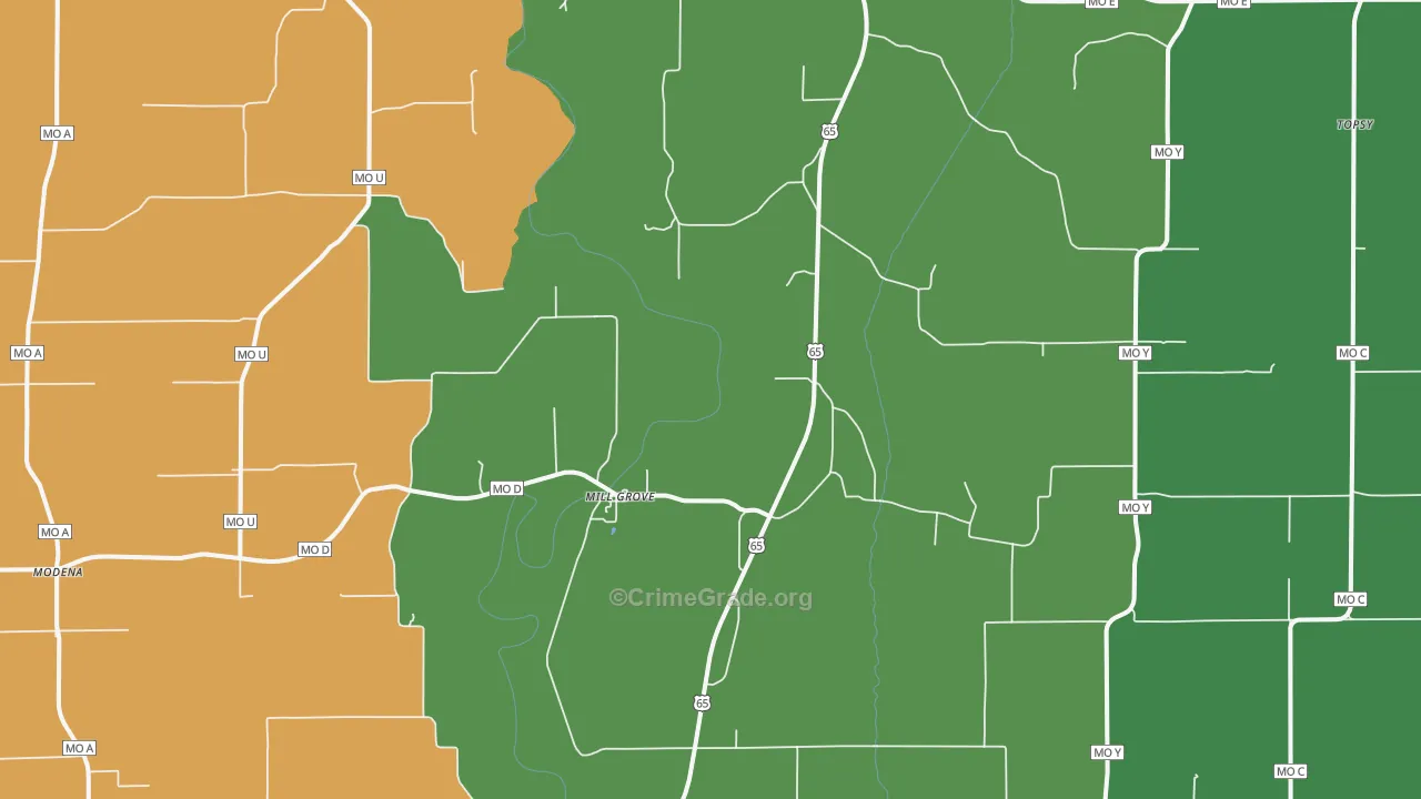 Mill Grove, MO Map of Vehicle Theft Rates