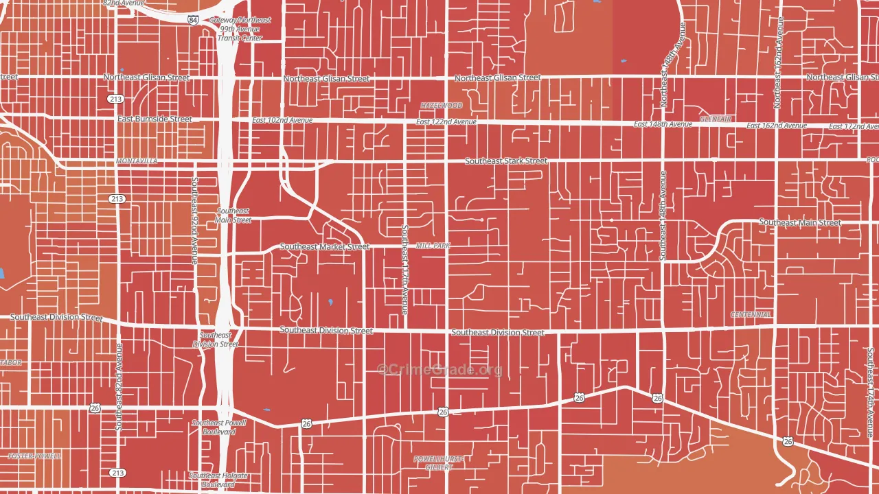 Mill Park, Portland, OR Map of Vehicle Theft Rates