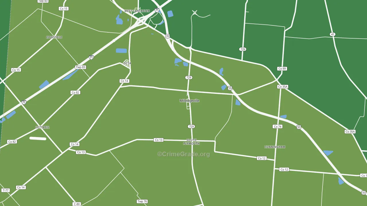 Milledgeville, OH Map of Vehicle Theft Rates