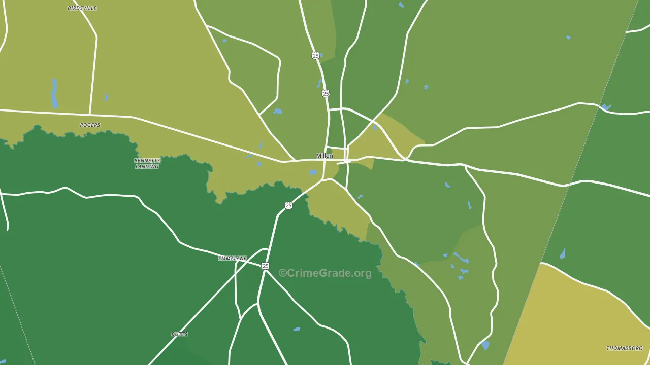 Millen, GA Map of Vehicle Theft Rates