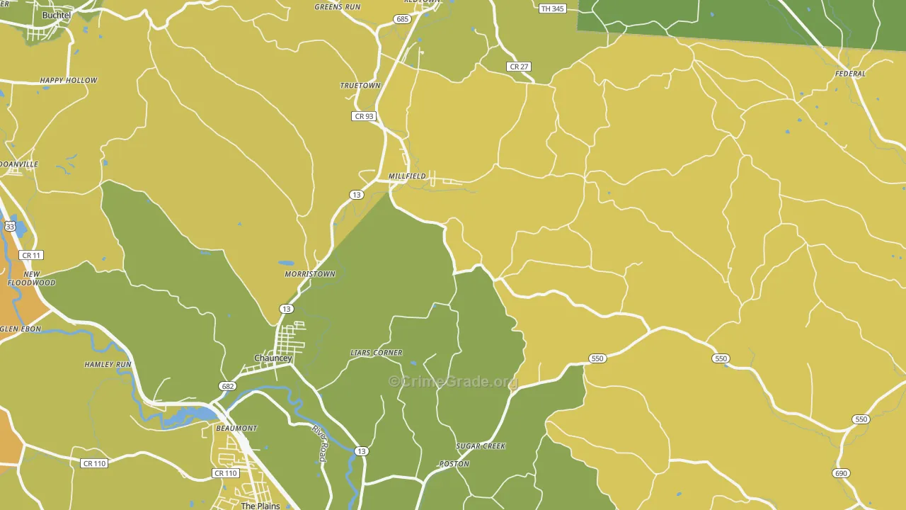 Millfield, OH Map of Vehicle Theft Rates