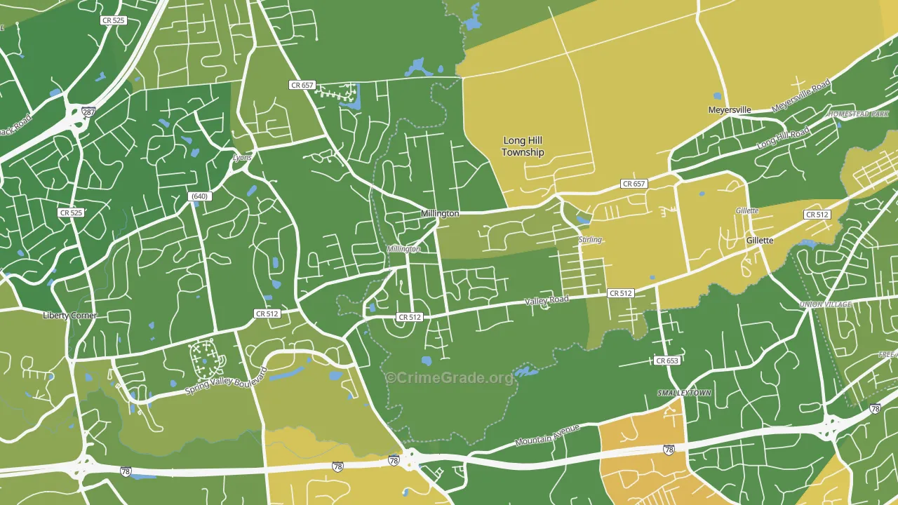 Millington, NJ Map of Vehicle Theft Rates