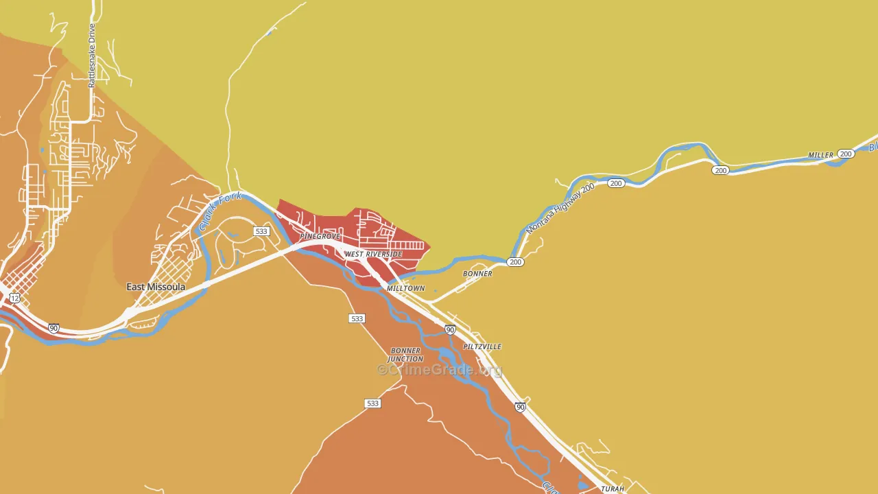 Milltown, MT Map of Vehicle Theft Rates
