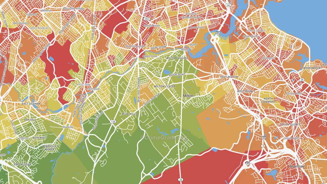 Milton, MA Map of Vehicle Theft Rates