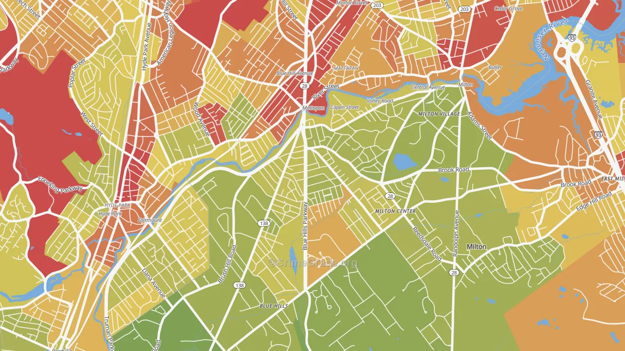 Milton Upper Mills, Milton, MA Map of Vehicle Theft Rates