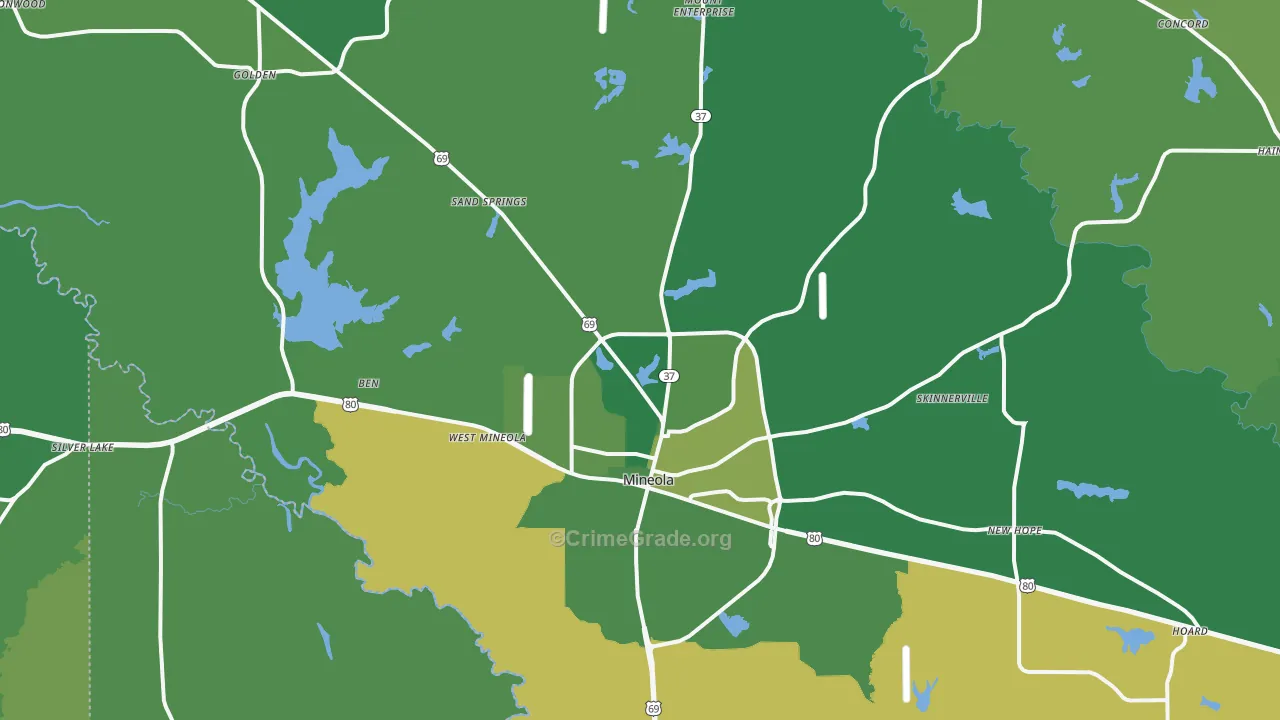 Mineola, TX Map of Vehicle Theft Rates