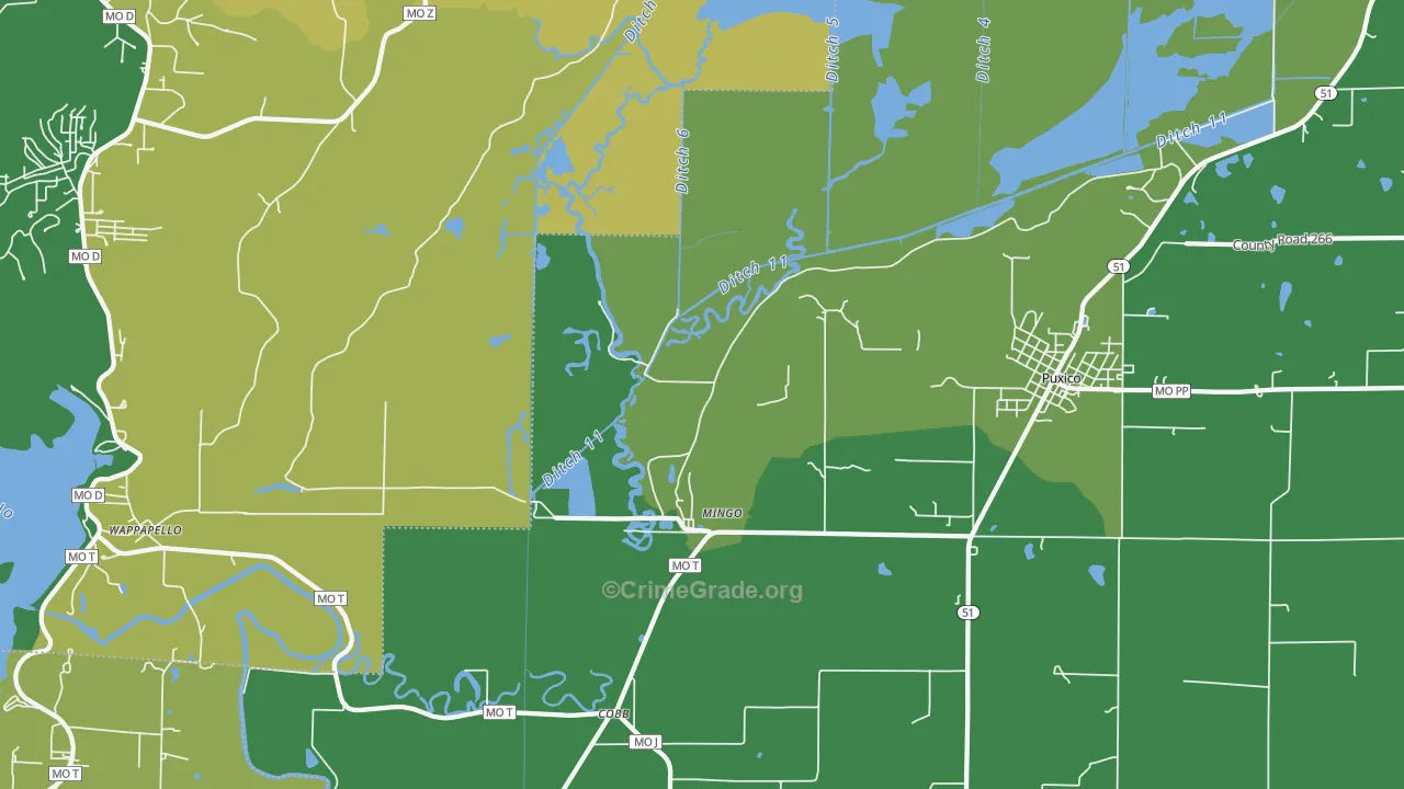 Mingo, MO Map of Vehicle Theft Rates