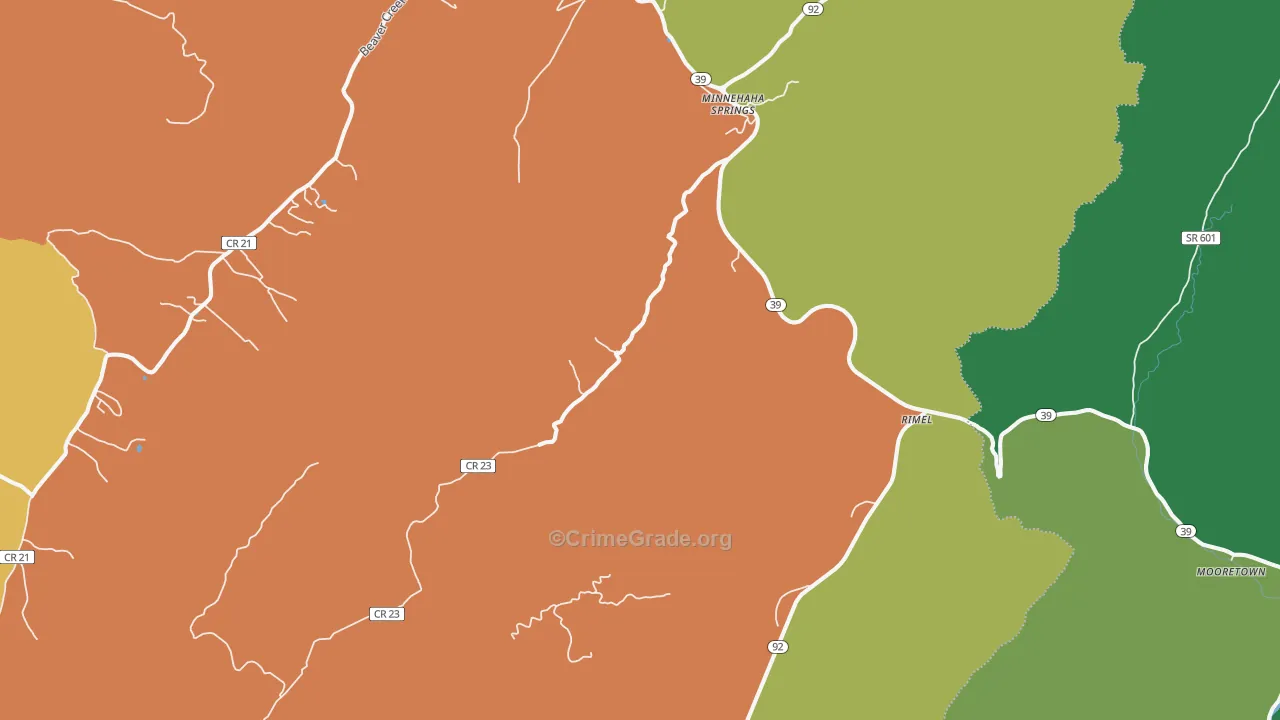 Minnehaha Springs, WV Map of Vehicle Theft Rates