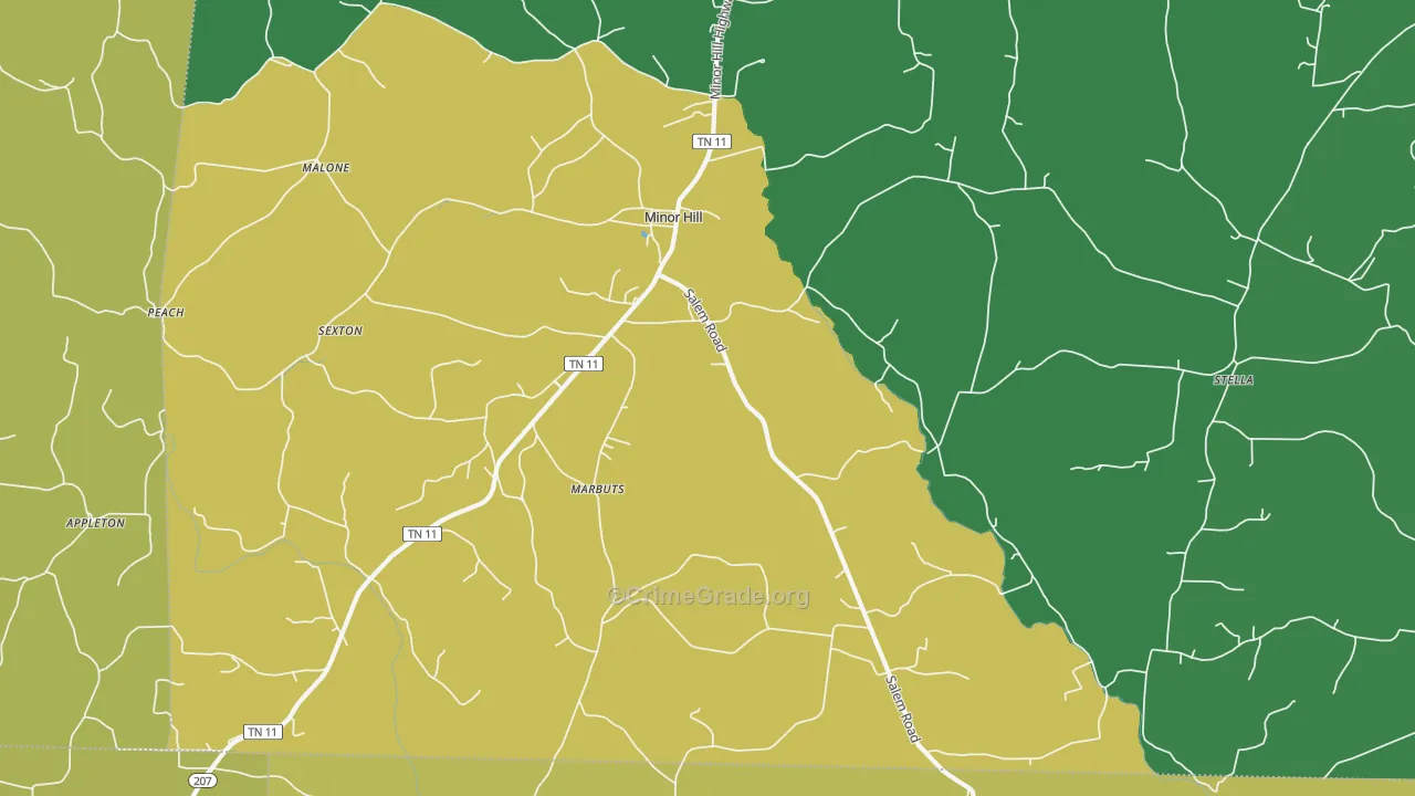 Minor Hill, TN Map of Vehicle Theft Rates