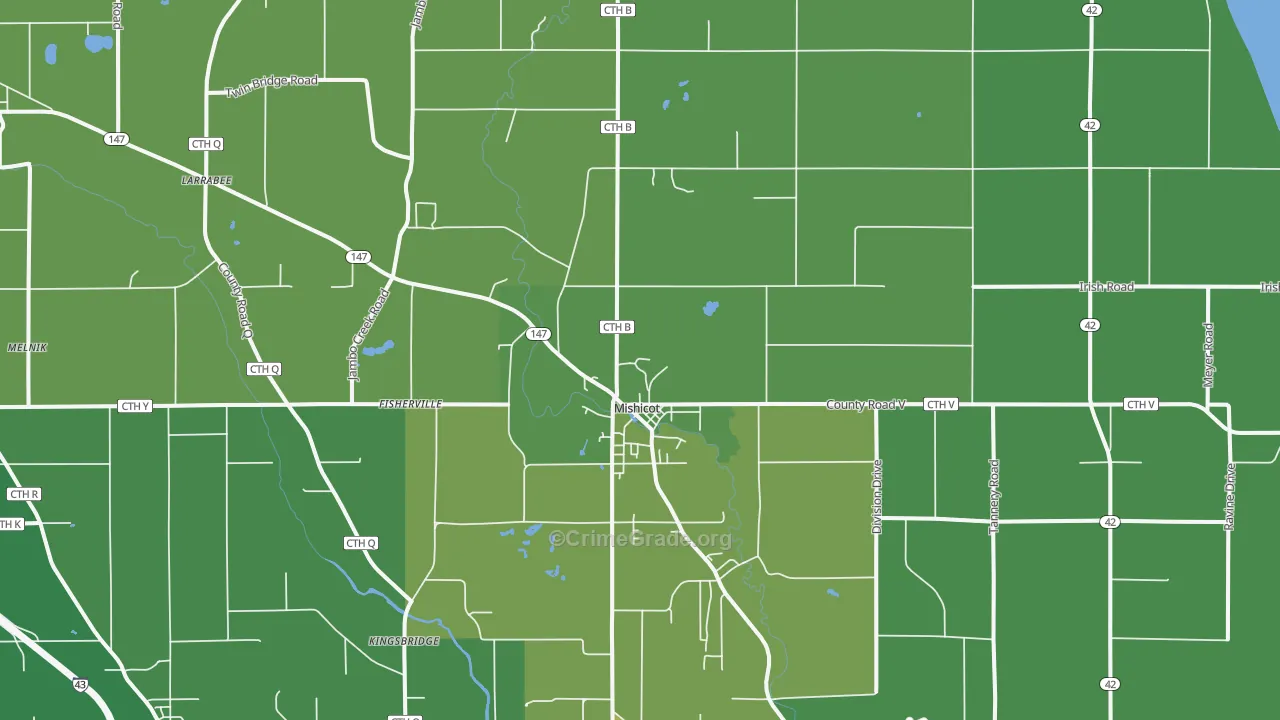 Mishicot, WI Map of Vehicle Theft Rates