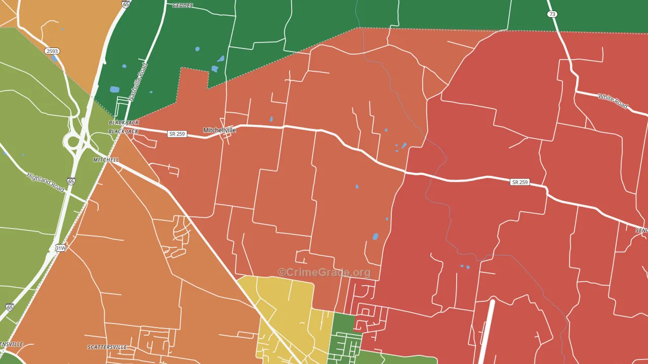 Mitchellville, TN Map of Vehicle Theft Rates
