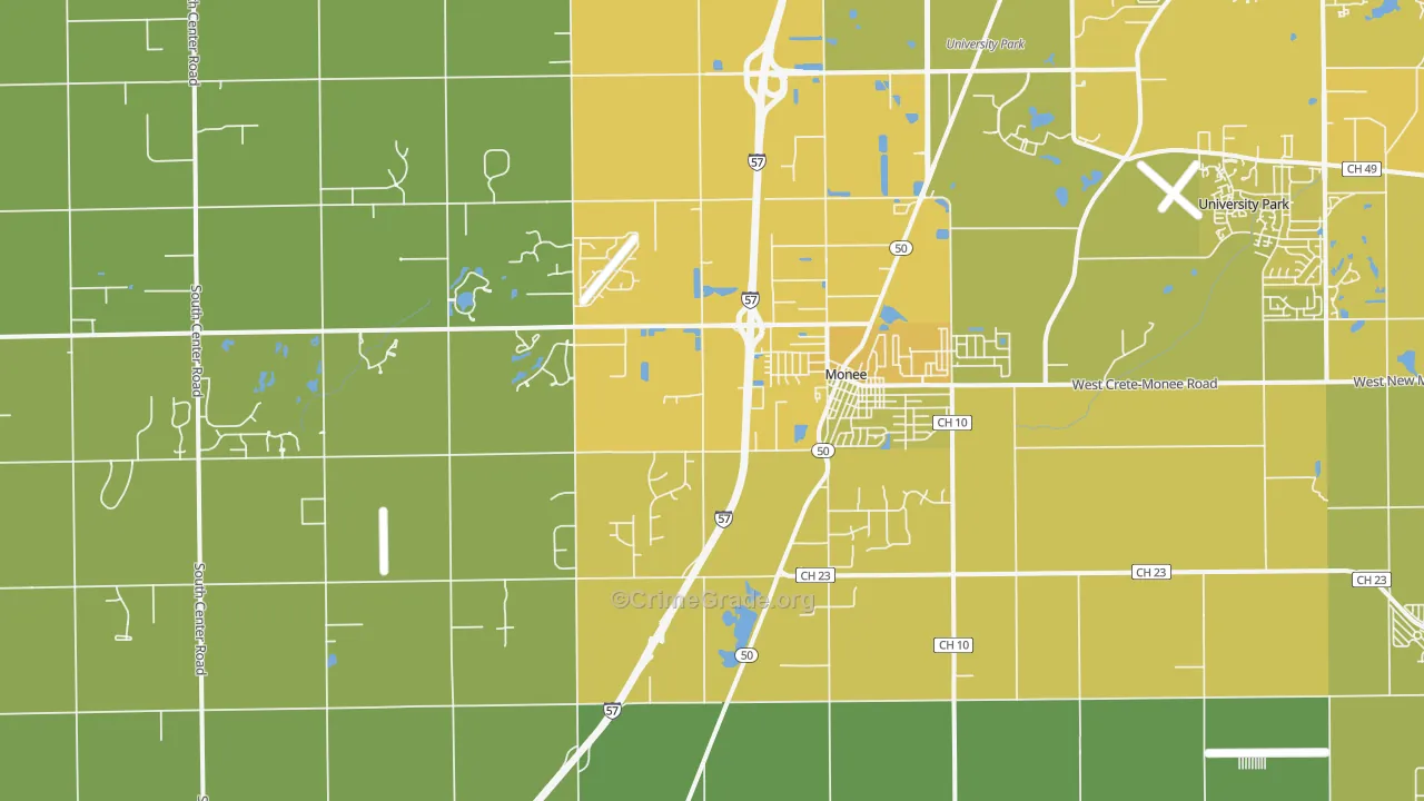 Monee, IL Map of Vehicle Theft Rates