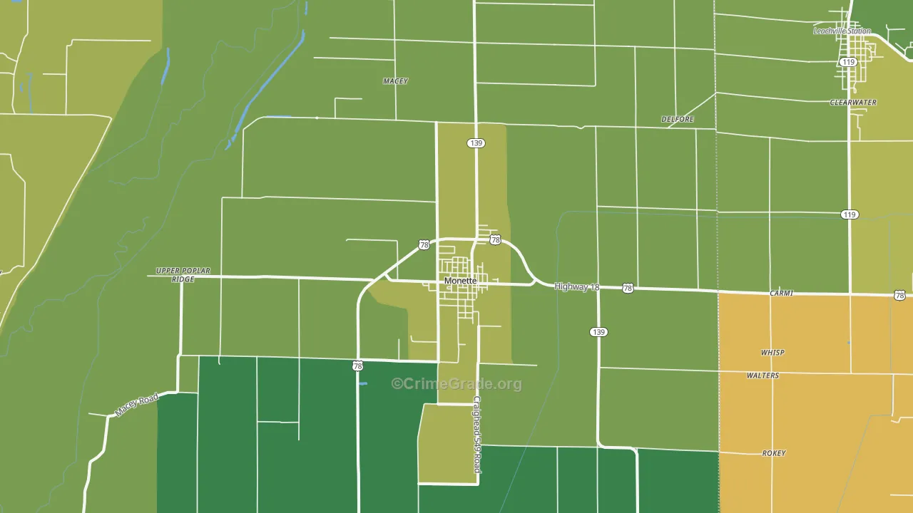 Monette, AR Map of Vehicle Theft Rates