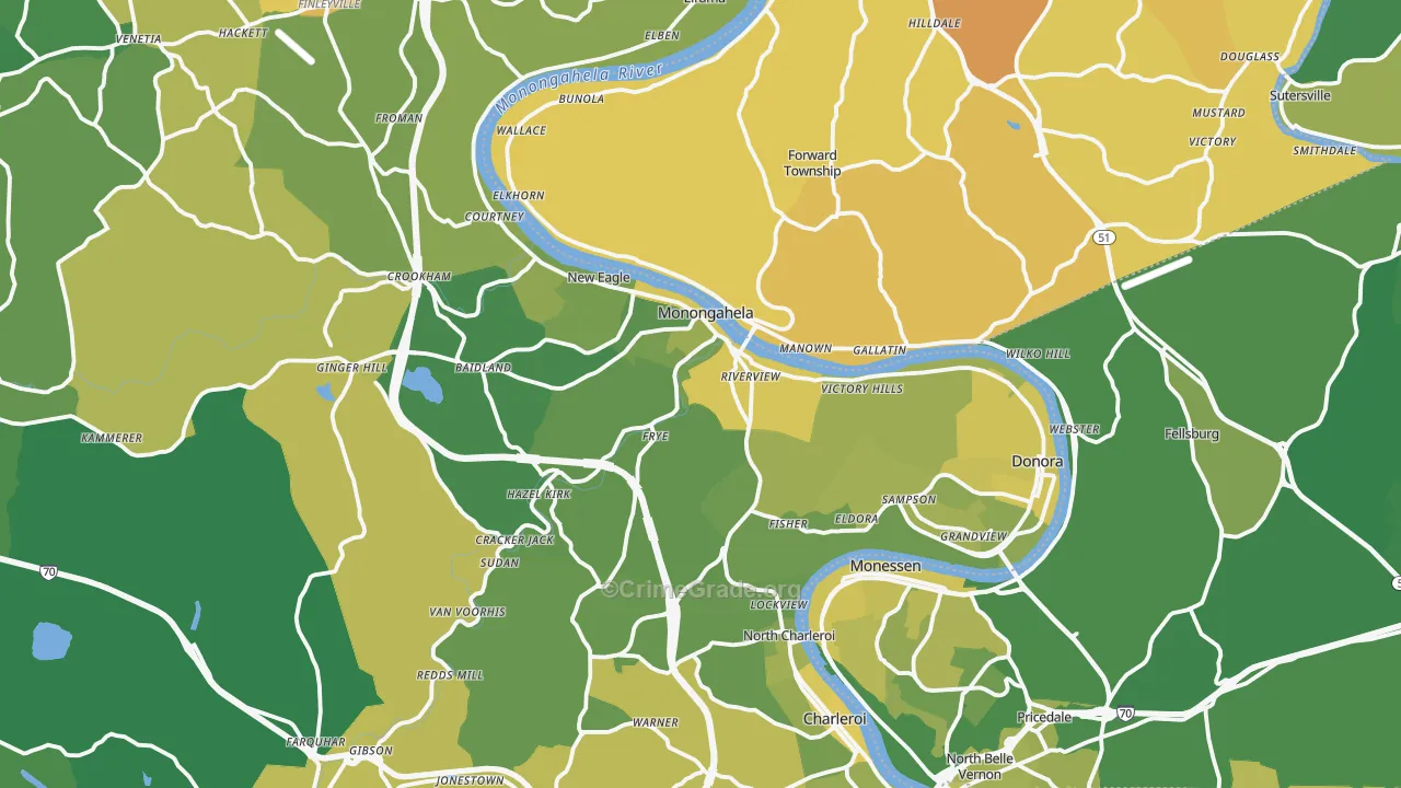 Monongahela, PA Map of Vehicle Theft Rates