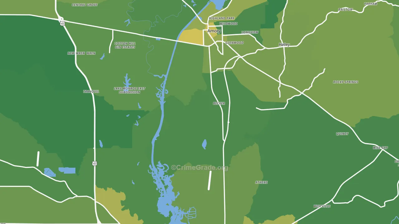 Monroe County, MS Map of Vehicle Theft Rates