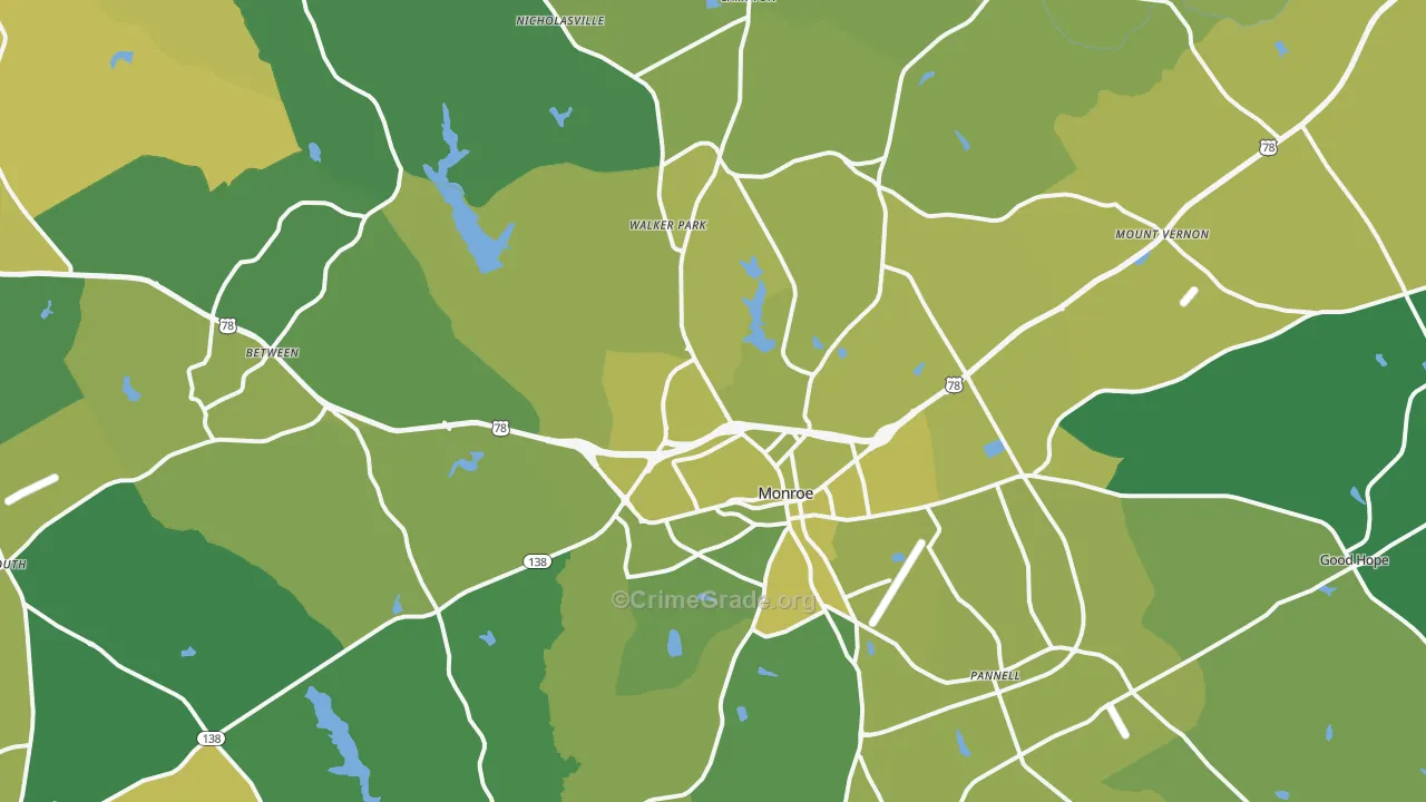 Monroe, GA Map of Vehicle Theft Rates