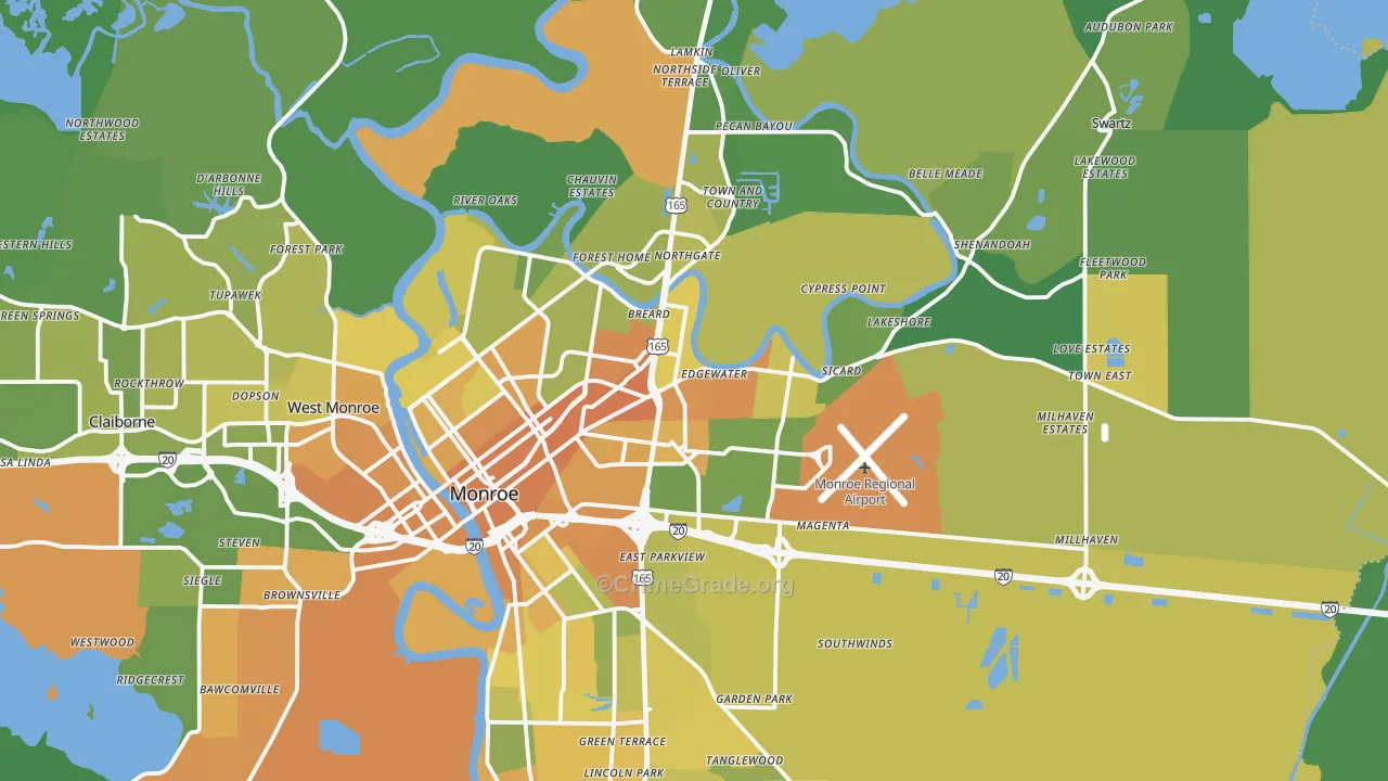 Monroe, LA Map of Vehicle Theft Rates