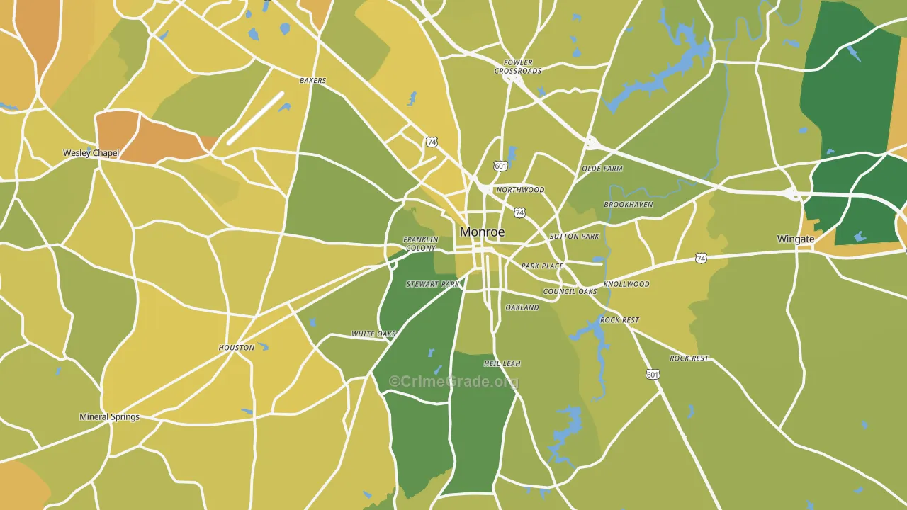 Monroe, NC Map of Vehicle Theft Rates