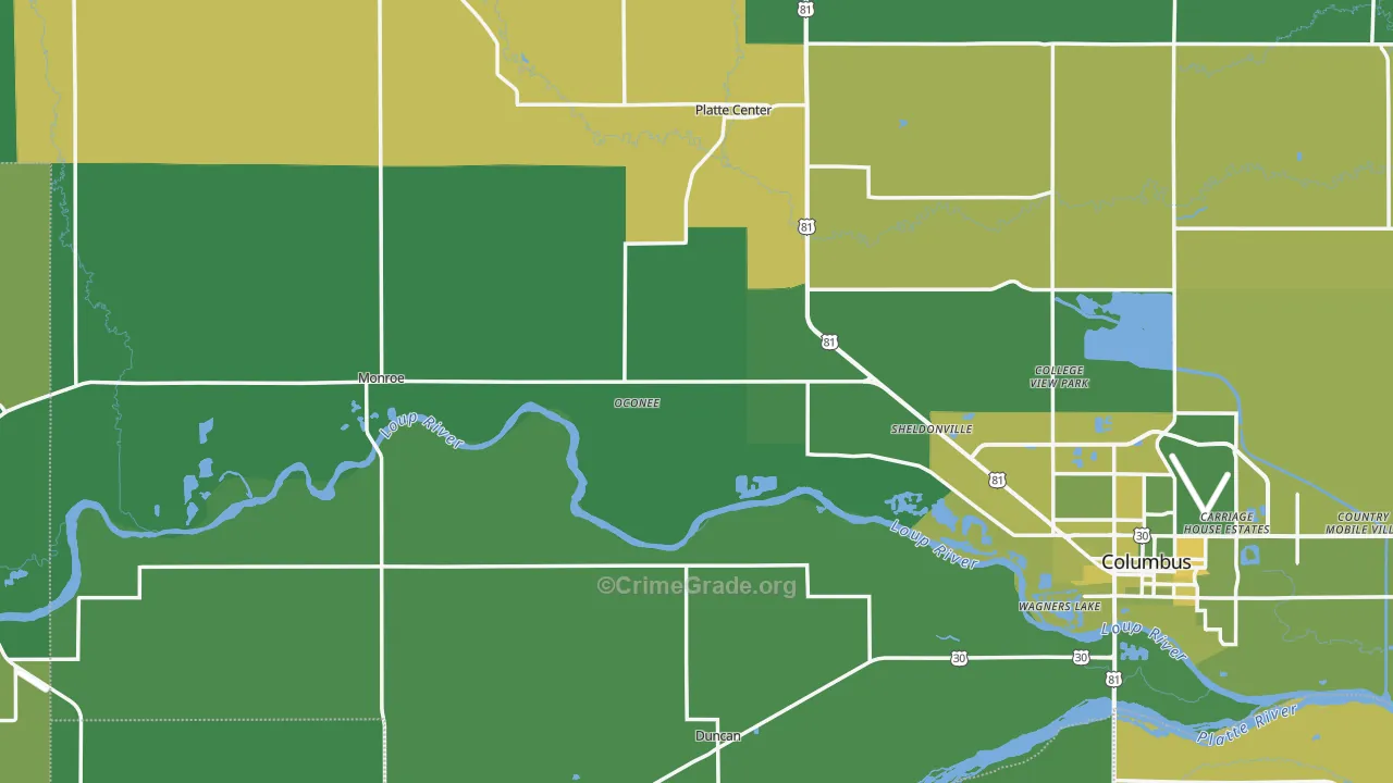 Monroe, NE Map of Vehicle Theft Rates