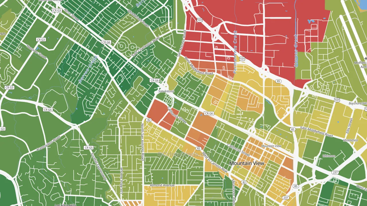 Monta Loma, Mountain View, CA Map of Vehicle Theft Rates