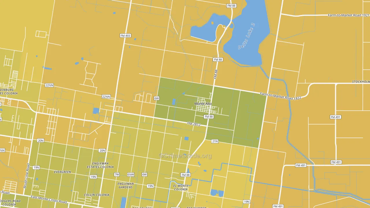 Monte Alto, TX Map of Vehicle Theft Rates