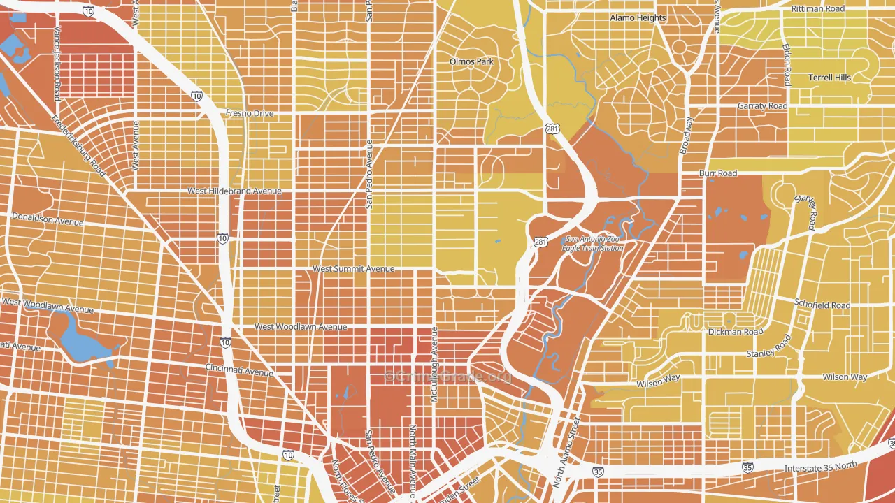 Monte Vista, San Antonio, TX Map of Vehicle Theft Rates