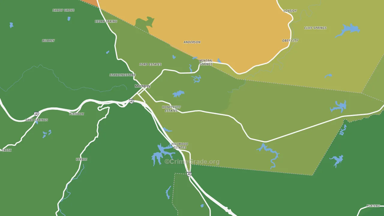 Monterey, TN Map of Vehicle Theft Rates