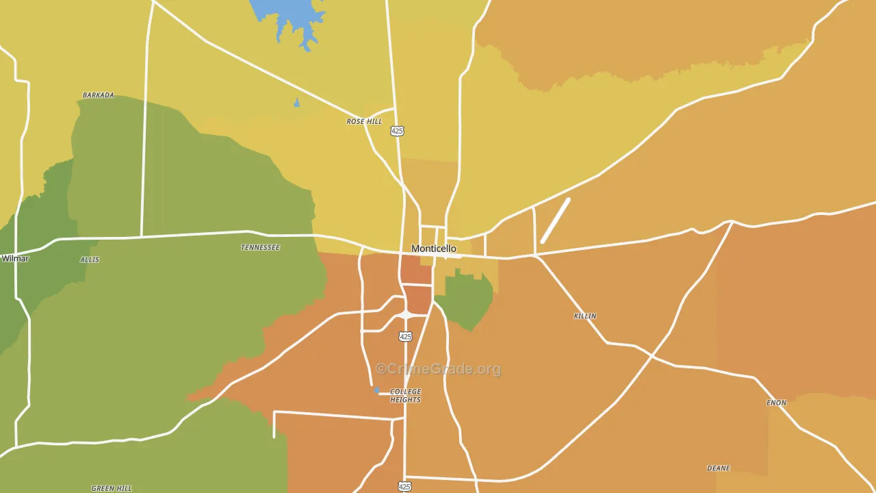 Monticello, AR Map of Vehicle Theft Rates
