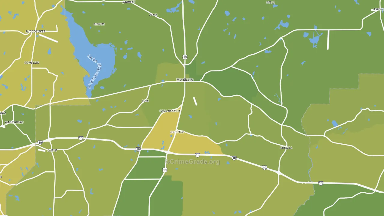 Monticello, FL Map of Vehicle Theft Rates