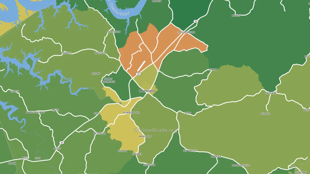 Monticello, KY Map of Vehicle Theft Rates