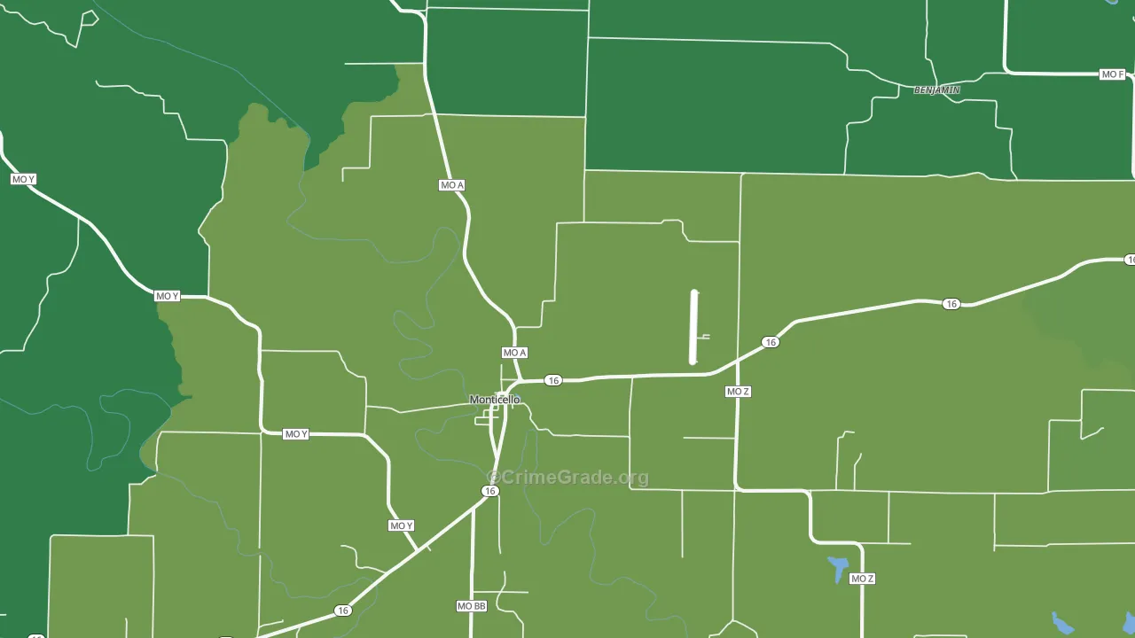 Monticello, MO Map of Vehicle Theft Rates
