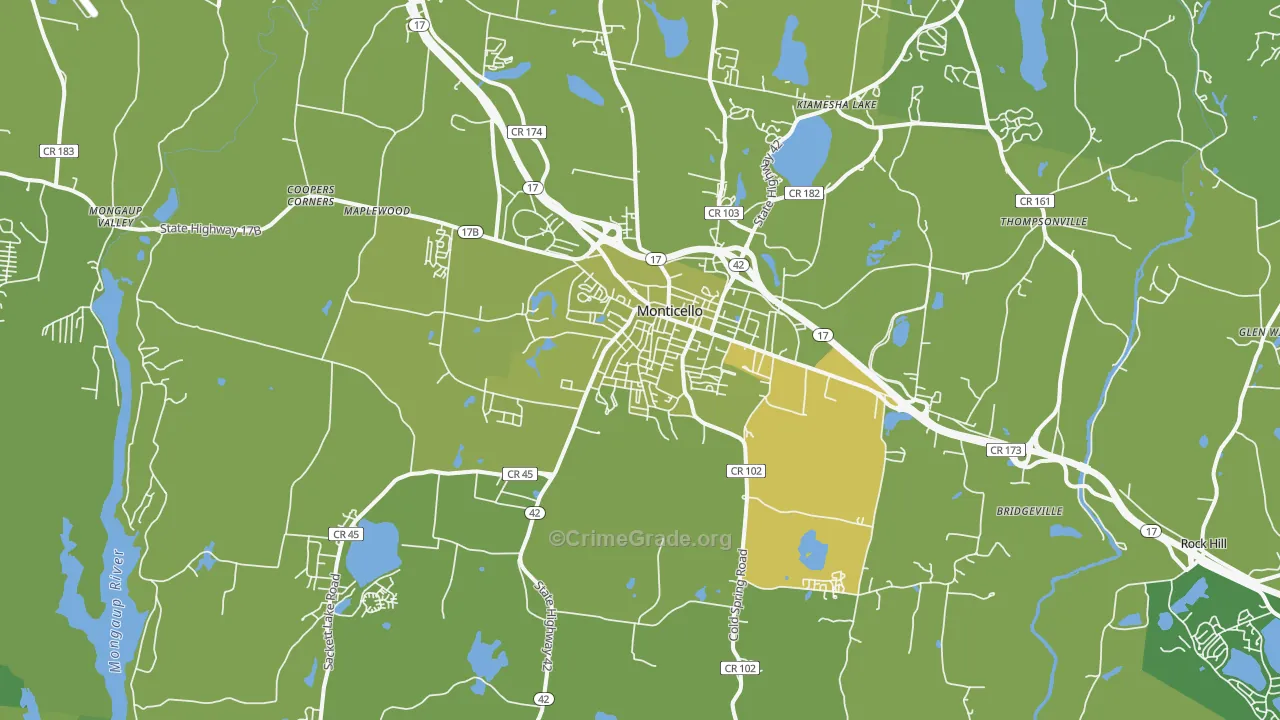 Monticello, NY Map of Vehicle Theft Rates