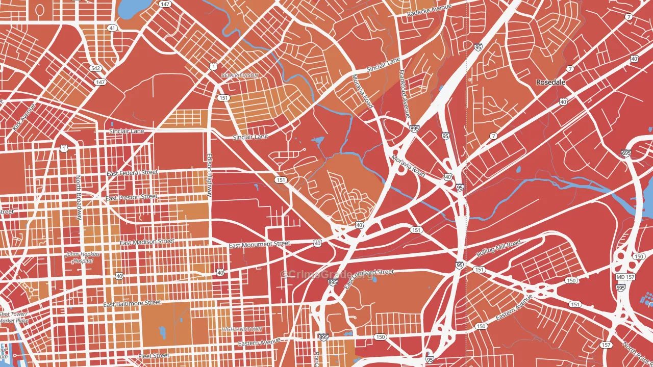 Monument Street, Baltimore, MD Map of Vehicle Theft Rates