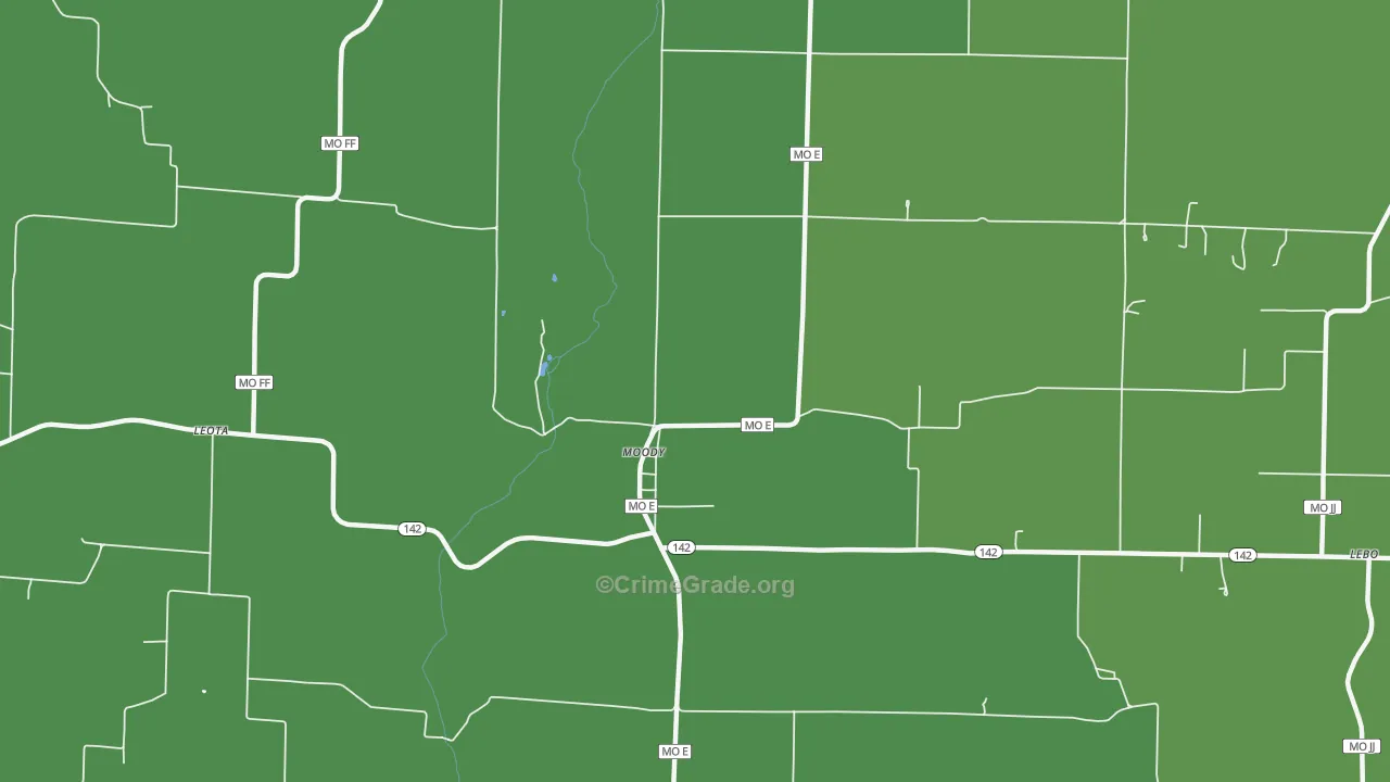 Moody, MO Map of Vehicle Theft Rates