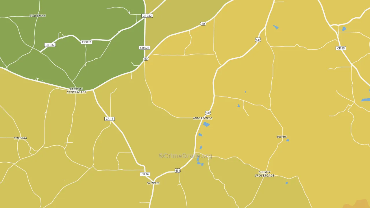 Moorefield, AL Map of Vehicle Theft Rates