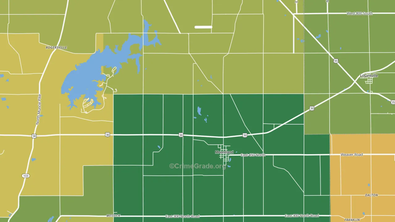 Mooreland, IN Map of Vehicle Theft Rates