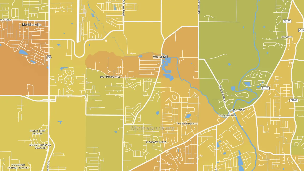 Moores Mill, AL Map of Vehicle Theft Rates