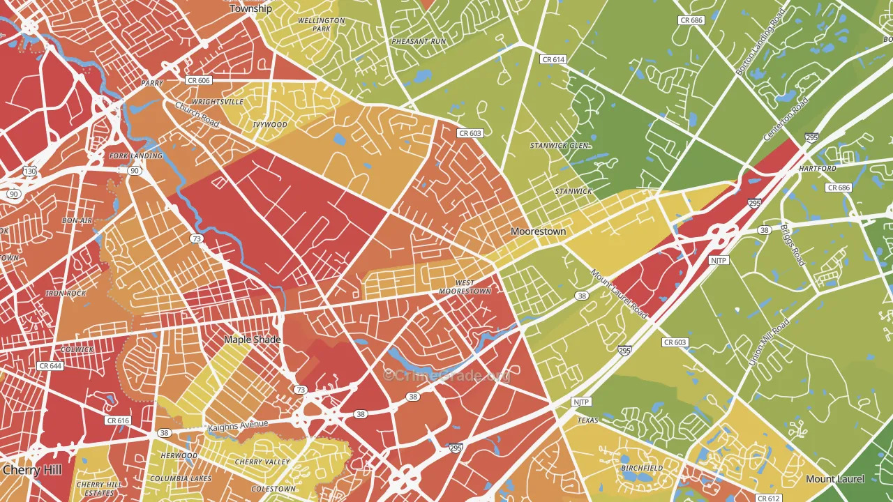 Moorestown-Lenola, NJ Map of Vehicle Theft Rates