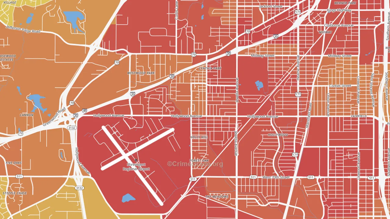 Mooretown and Hollywood Heights, Shreveport, LA Map of Vehicle Theft Rates