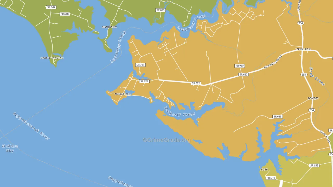 Morattico, VA Map of Vehicle Theft Rates