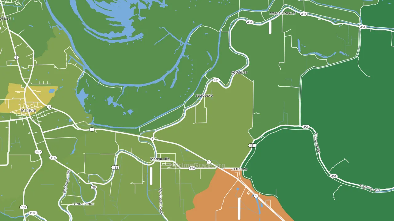 Moreauville, LA Map of Vehicle Theft Rates