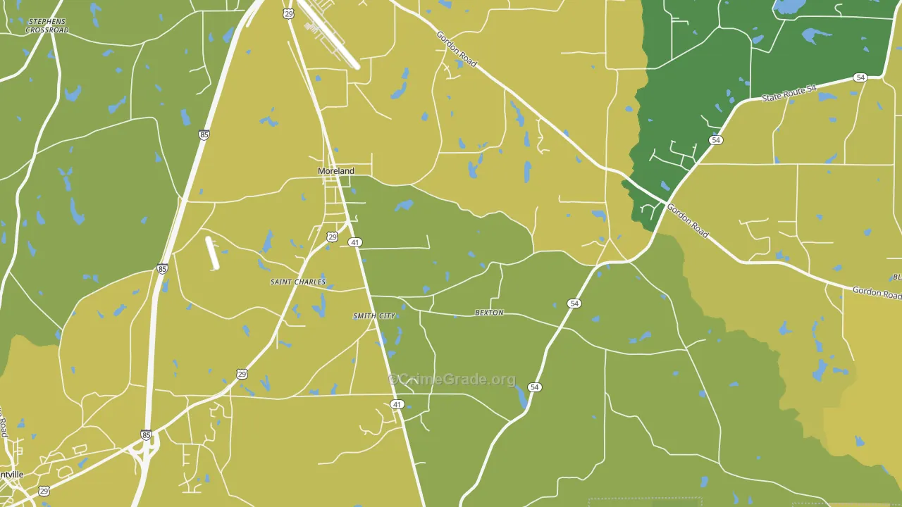 Moreland, GA Map of Vehicle Theft Rates