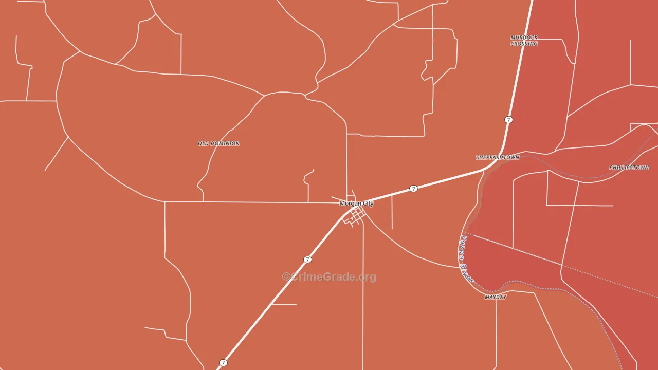 Morgan City, MS Map of Vehicle Theft Rates