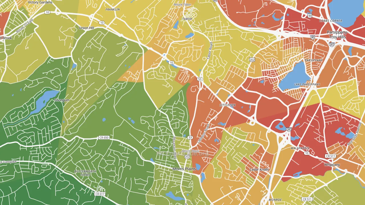 Morris Plains, NJ Map of Vehicle Theft Rates